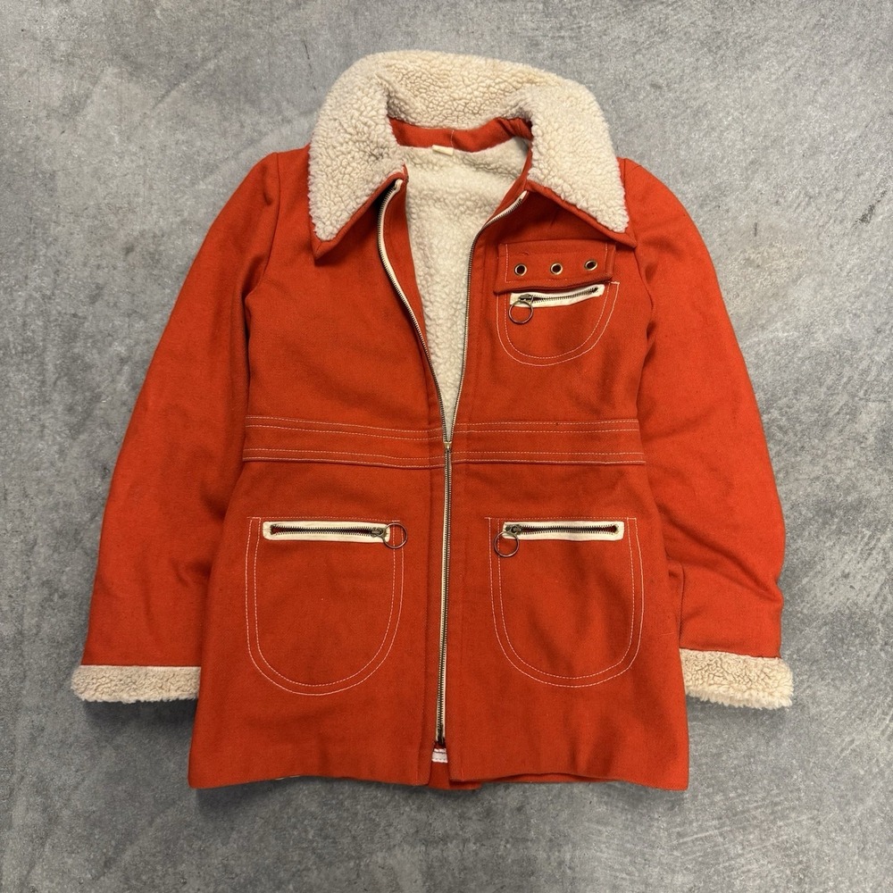 Vintage 70s Sherpa Lined Orange Zip Coat O-Ring Faux Shearling Jacket Small